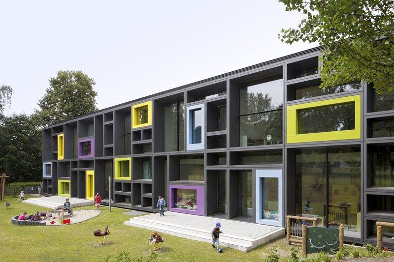 This children’s day care has a facade of bold blocky shapes that give hints at the fun to be had inside